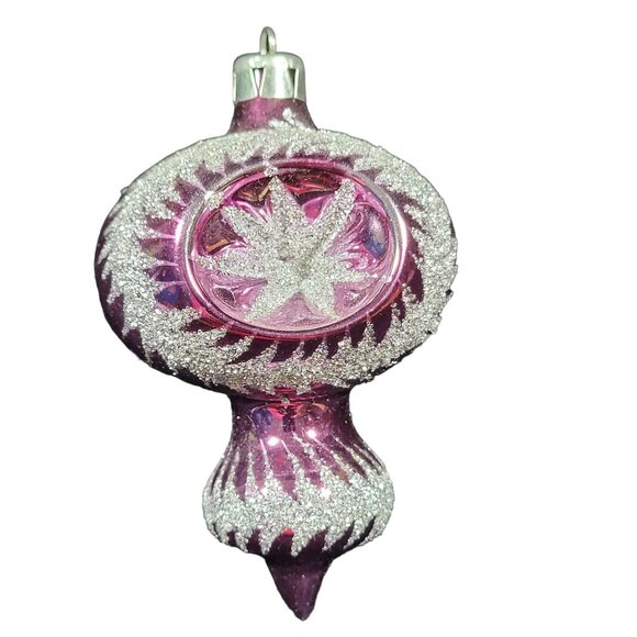 Pink Indent Finial Glass Christmas Tree Ornament Reflector Glitter Vtg Retro MCM - Picture 1 of 8